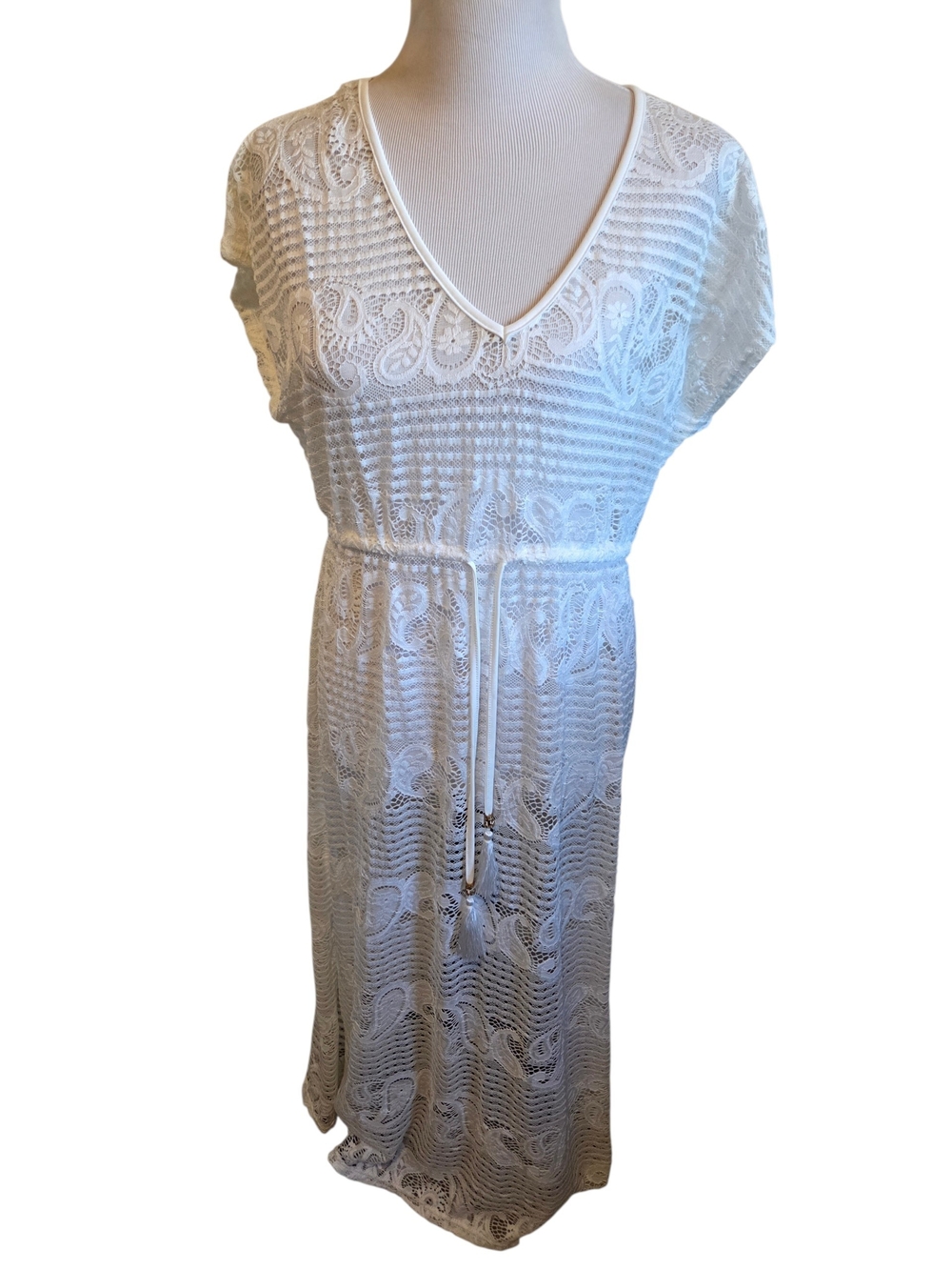 White Lace V-Neck Swim Cover-Up with Drawstring Waist